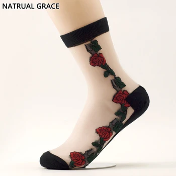 1Pair=2pieces Transparentnej Čipky Ponožky Crystal Hodváb Proti šmyku Sexy Jar Leto Black Emboridery Red Rose Značky Ženy Ponožky
