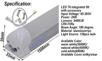 (4 ks), Doprava Zdarma T8 Integrované LED zdroj Svetla 5 ft 1500mm 24W s príslušenstvom mliečna kryt jasné kryt vysokej kvality 85-277V
