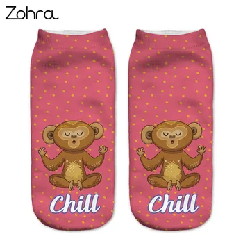 Zohra 2017 Nový Dizajn Ženy Ponožky Meditovať Opice 3D Tlač Ponožky Low Cut Členok Ponožka Cartoon Bavlnené Ponožky