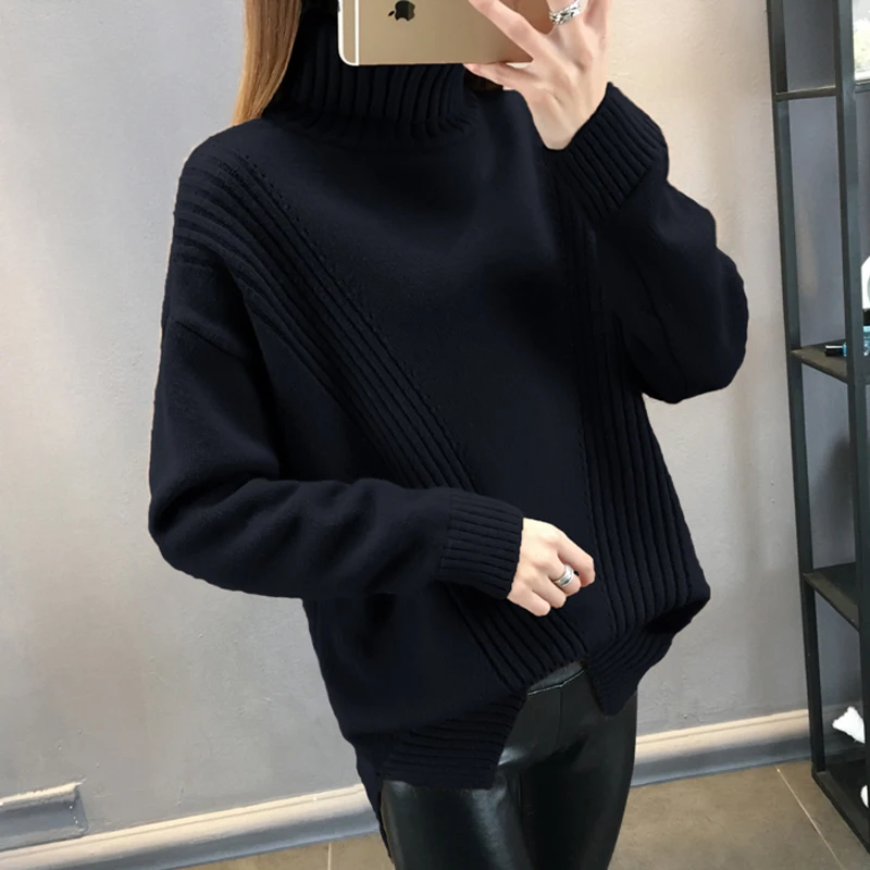 2018 Jeseň zima voľné vysoký golier pulóvre sveter bežné veľké ženy veľkosti Topy farbou krátke pletené svetre šaty
