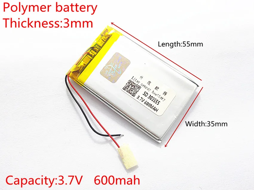 3.7 V,600mAH,303555 PLIB; polymer lithium ion / Li-ion batéria pre GPS,mp3,mp4,mp5,dvd,bluetooth,model hračka mobile bluetooth