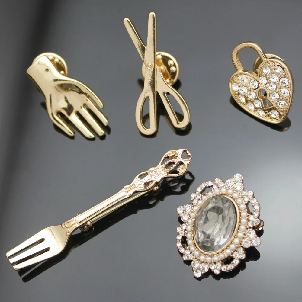5 ks v 1 Sada Art Nouveau Nožnice, Vidličku Srdci Crystal Palm Zlato Klope Brošňa Pripnúť Odznak Ženy Darček Šperky