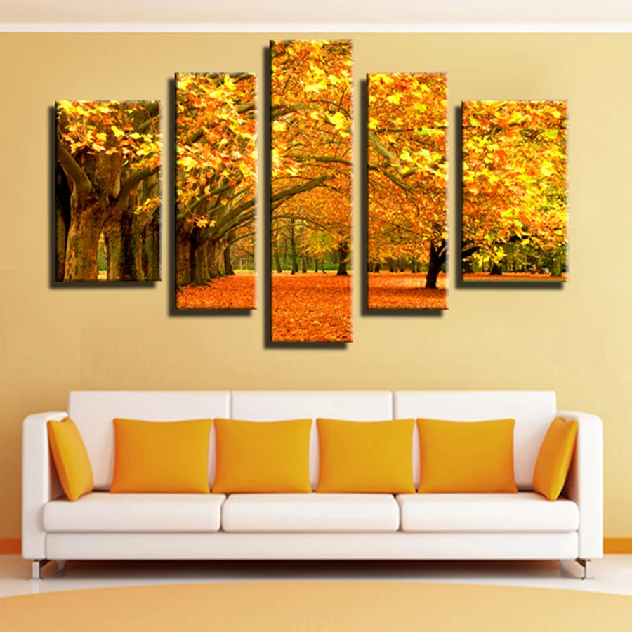 5 Panel Jeseň Zlaté lístie Modulárny obrázky Plátno na Maľovanie na Stenu Umenie Fotografie Domova Obývacia Izba Tlač Maľovanie bez rámu