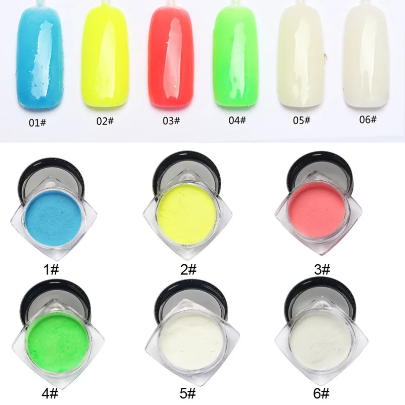 6 Farby, Žiarivý lak na Nechty Prášok Svietiť v Tme Photochromic Pigmentu na Nechty, Glitter Fluorescenčné Prášok Svieti Dekorácie