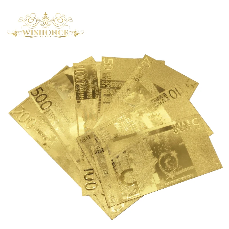 7pcs/Veľa Pekné Európskej Zlato, Bankovky 5 10 20 50 100 200 500 Eurových Bankoviek v Zlatom Falošné Papierové Peniaze Na Zbierku