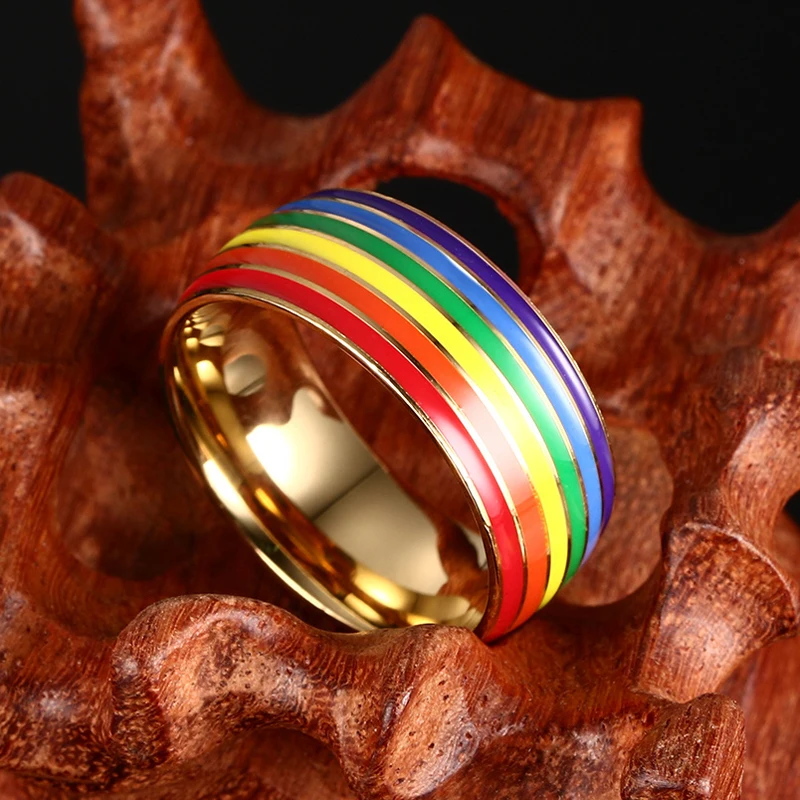 8mm Zlato z Nehrdzavejúcej Ocele Smalt Rainbow LGBT Pride Krúžok pre Lesbičiek Gay Svadobné Zapojenie Band