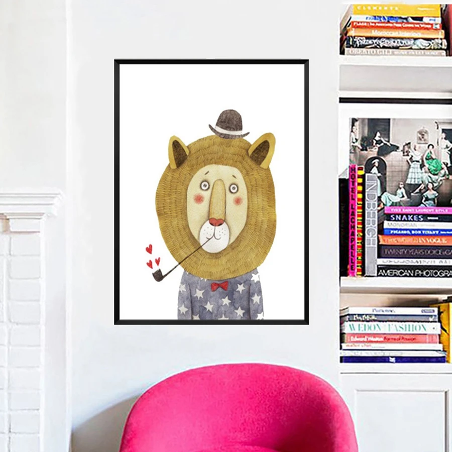 Akvarelové ilustrácie, Umelecké Plátno Tlačiť Maľovanie Plagátu Zvierat Lev, Medveď Panda , Cartoon Plátno na Maľovanie Pre Deti Izba