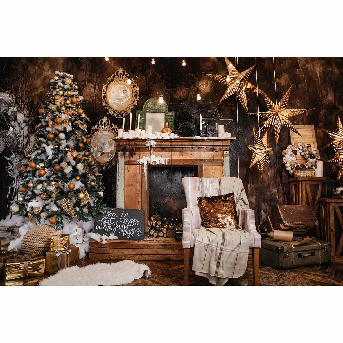 Allenjoy Vianočné Zlatých Hviezd Stoličky, Krb Koberec Elegantné pozadia pozadie pre novorodenca Photophone Photo studio