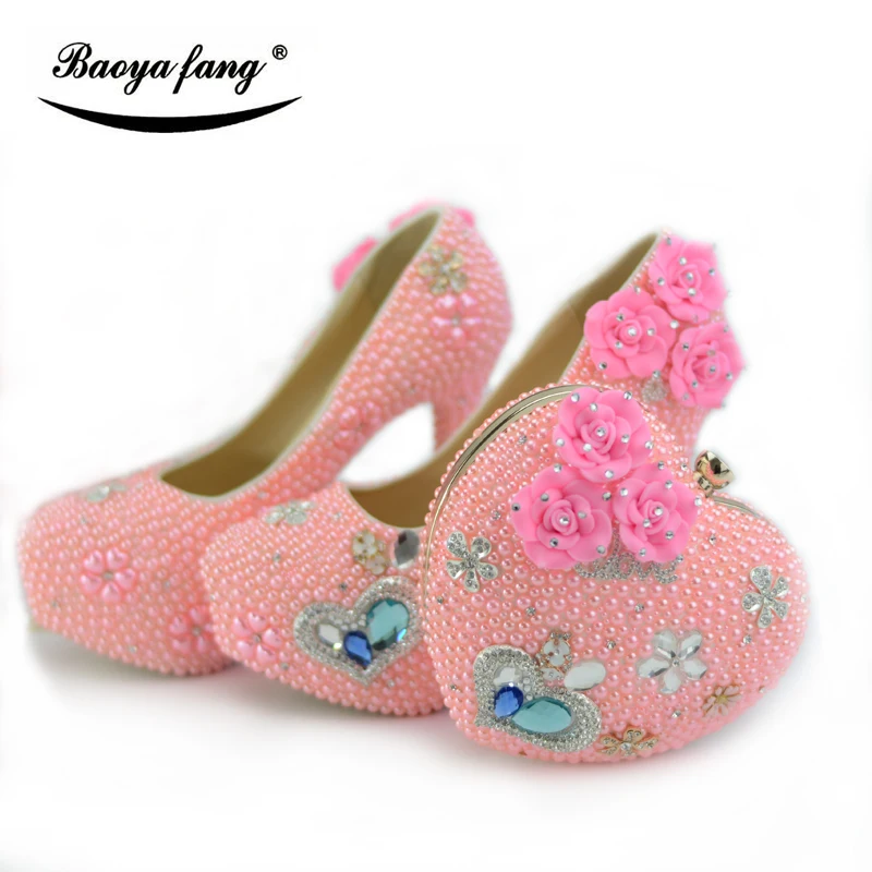BaoYaFang Pink Pearl tenké päty Dámske svadobné topánky s príslušnými tašky, módne Dámy party šaty, topánky a taška sa stanovujú vysoké topánky