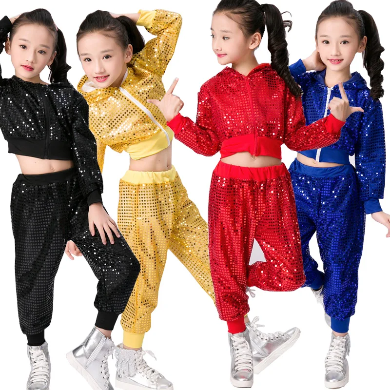 Deti Hip Hop dancewear kostýmy Dievčatá Chlapci Moderný, Džezový tanec Oblečenie Sála Strany Sequined tanec mikina s Kapucňou +Nohavice