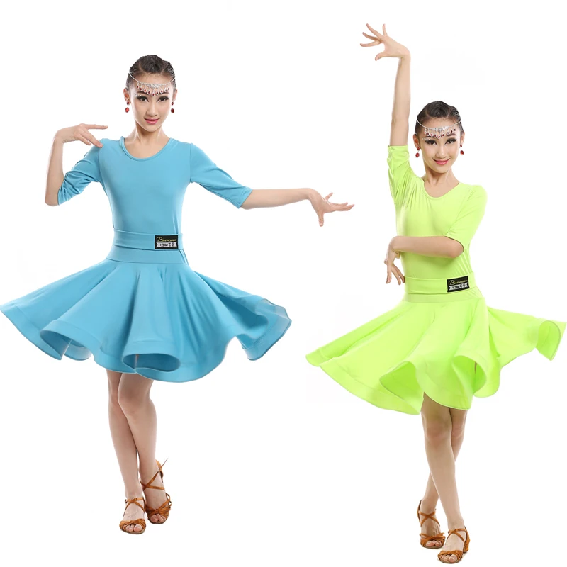 Dievčatá Zelená Modrá latinskej tanca šaty Deti Sála Salsa Tanečné nosiť Oblečenie, detské Party Stage nosiť kostýmy dlhý rukáv
