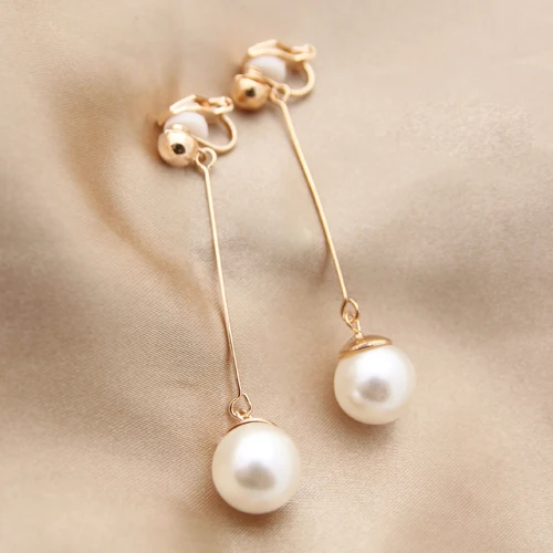 Dlho simulované-pearl klip na náušnice č prepichnúť uši, elegantný retro žena darček svadobné šperky brincos boucle d'oreille