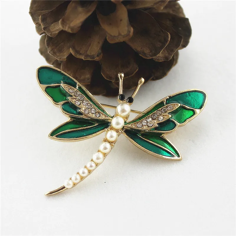 Doprava zadarmo módne nové dámske šperky Smalt zvierat dragonfly imitácia perly zelená lady brošňa Odevné doplnky dievča