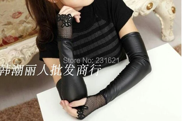 Dámske módne dlhé rukavice čierne čipky patchwork pu kožené rukavice sexy dlhé bezprstové vodičské rukavice rameno teplejšie 46 cm