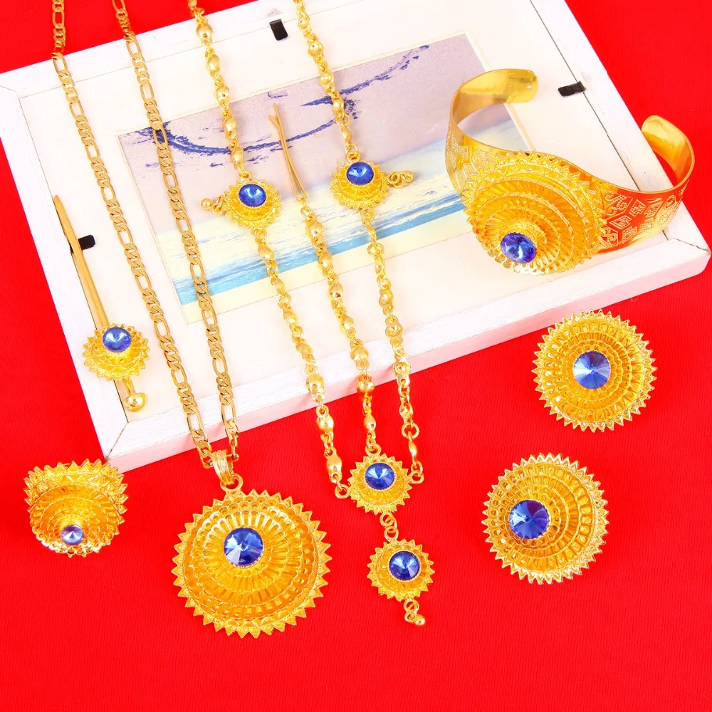 Etiópsky Zlaté Vlasy Kus Prívesok Reťazca Earings Krúžok Vlasy Pin Náramok Eritrea Afrike Habesha Svadobné Šperky Set