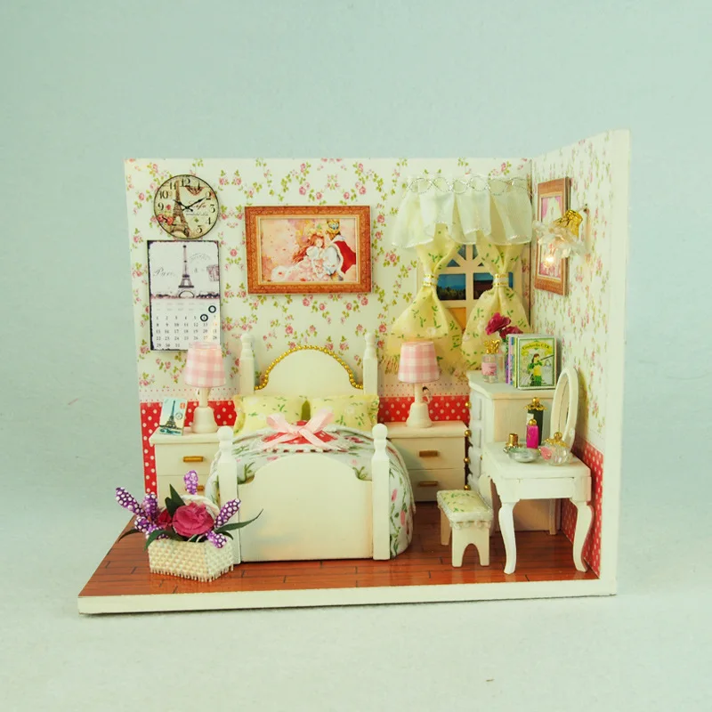 J008 Diy Drevené Miniatúrne Doll House, spálne, Nábytok, Hračky Miniatura Puzzle Model Ručné domček pre bábiky