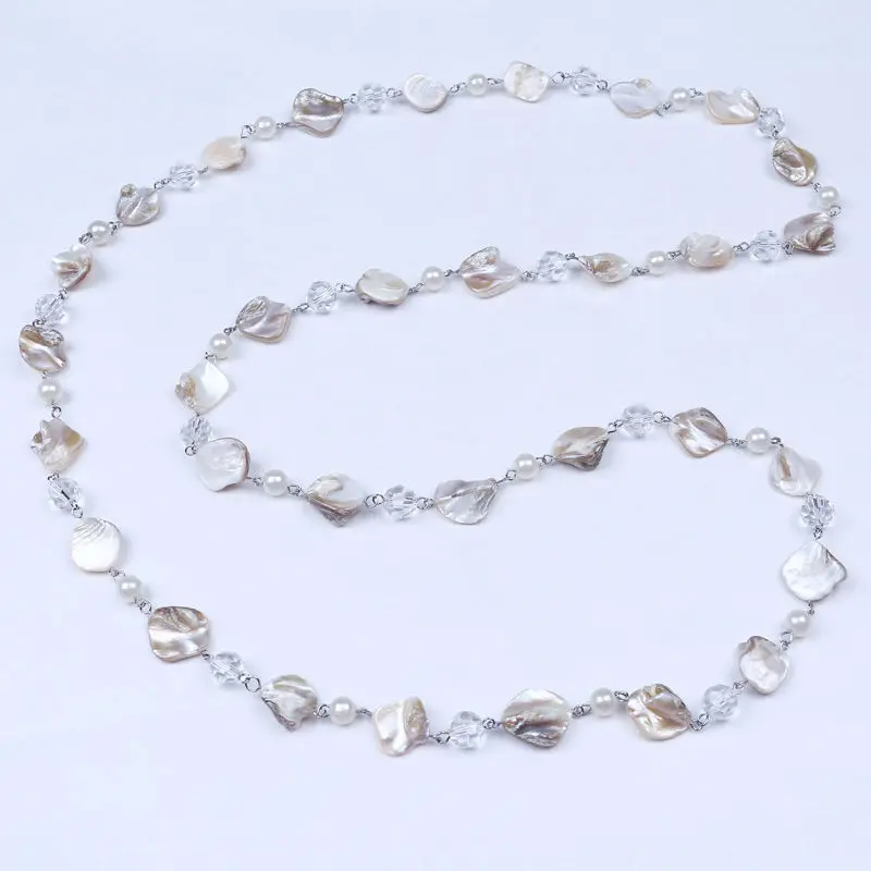Krásne nepravidelného tvaru shell perly náhrdelník zub škrupiny tvárou crystal s sklenených perličiek s dlhým reťazcom pre ženy šperky