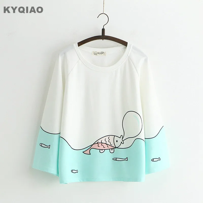 KYQIAO Cartoon t shirt 2018 ženy lete Japonský štýl čerstvé roztomilý o krk biela modrá ryba vzor tričko tee top