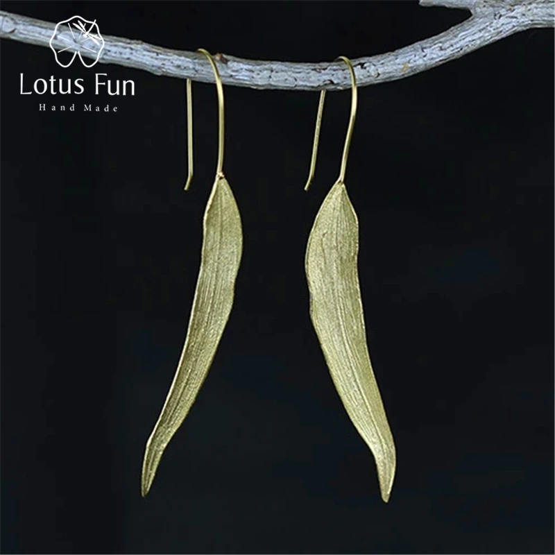 Lotus Zábava Reálne 925 Sterling Silver Prírodné Originálne Handmade Jemné Šperky Vintage Dlhé Listy Drop Náušnice pre Ženy Brincos