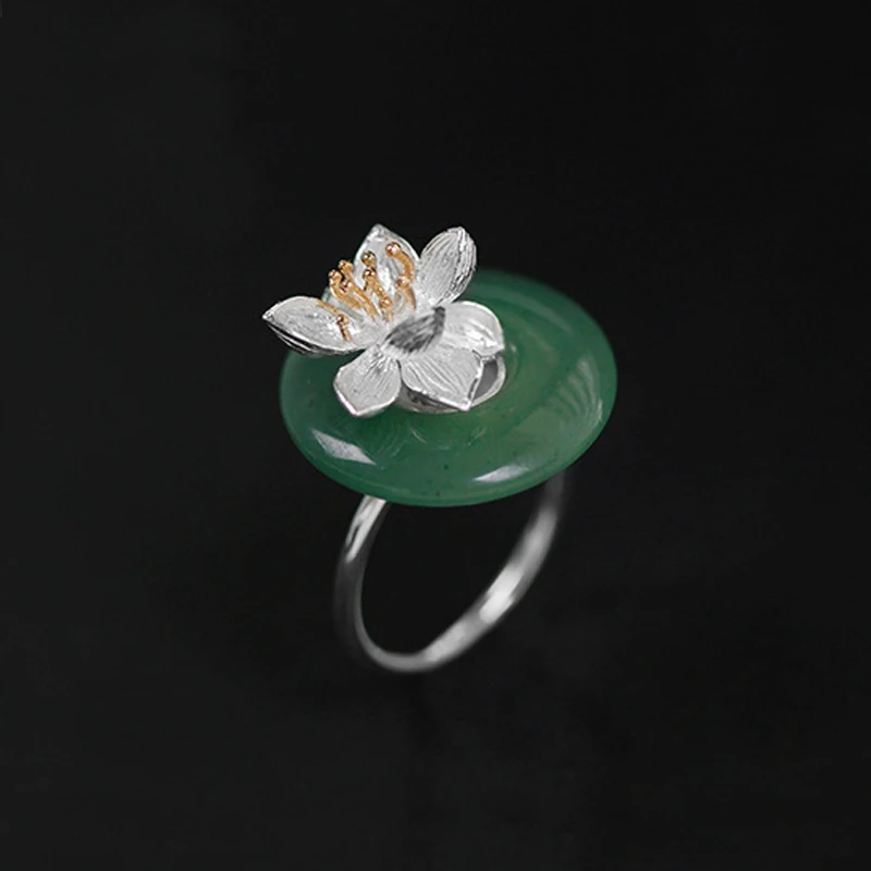 Lotus Zábava Reálne 925 Sterling Silver Prírodný Zelený Kameň Kreatívne Ručné Jemné Šperky Lotus Šepká Krúžok pre Ženy Brincos