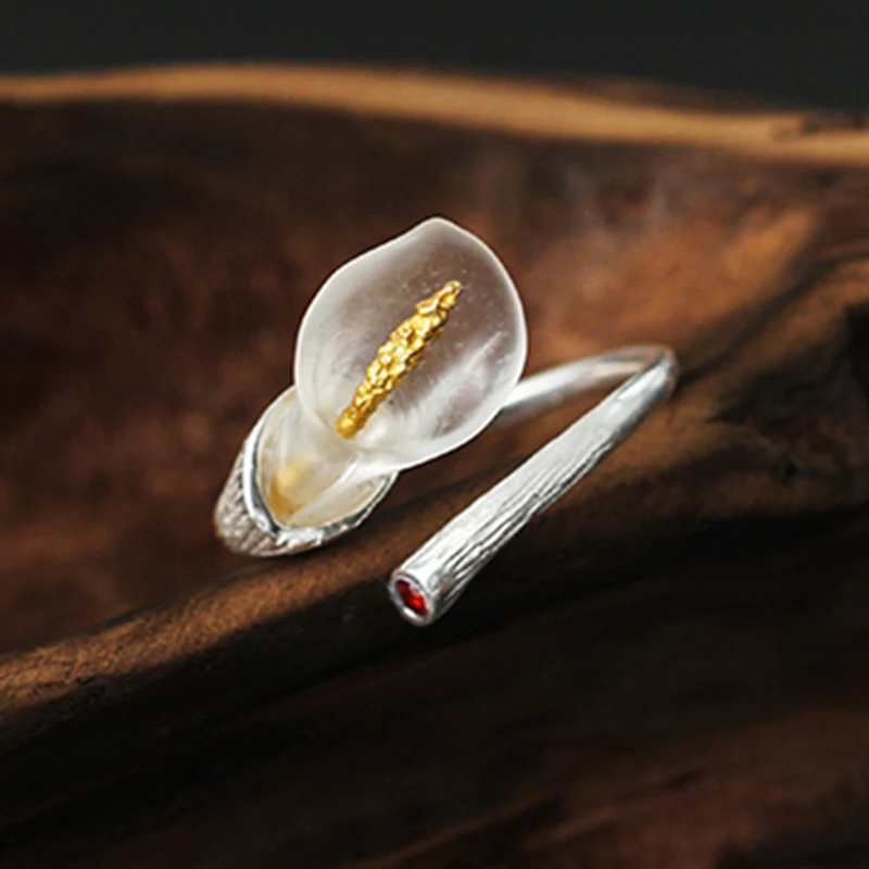 Lotus Zábava Reálne 925 Sterling Silver Ring Prírodné Ručne Dizajnér Jemné Šperky Kala Lily Kvet Krúžok Nastaviteľné Krúžky Ženy