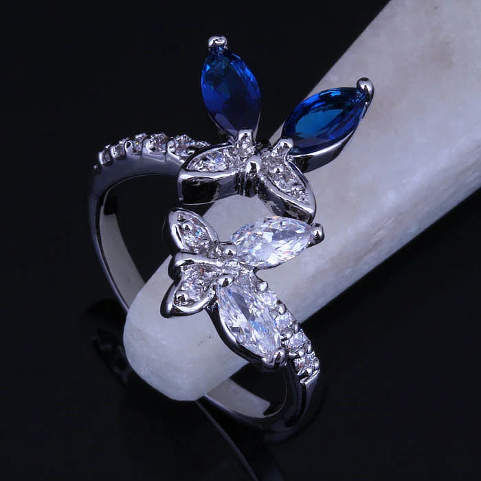 Láska Monológ Estetické Blue & White Crystal Motýľ 925 Pečiatka Strieborné Farebné Krúžky J0278 Zadarmo Šperky Taška