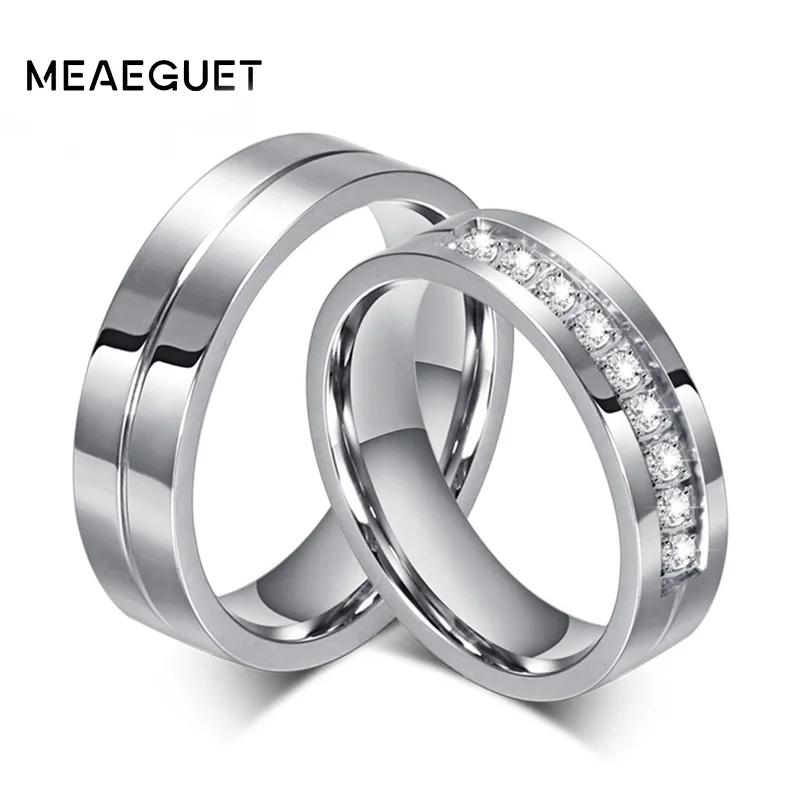 Meaeguet Classic Strieborná Farba Milovníka Snubné Prstene 316L Nerezovej Ocele CZ Krúžok Šperky, Snubné prstene Zásnubné