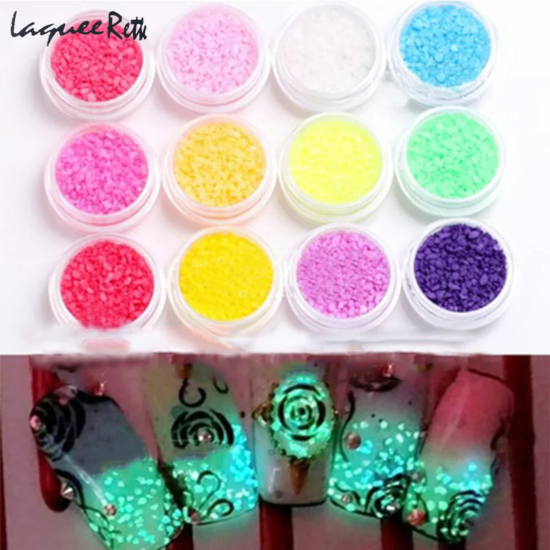 Na nechty, Glitter 12 Farba Nail Art Fluorescenčné Luminiscenčných Lesk Tip Prášok Kameňa, Piesku Svietiť V Tme 3D Salon Nechty DIY Holografické