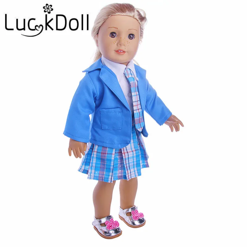 Nové modely Areáli šaty 1 set = kabát + tričko + sukňa + kravatu + obuv 18-palcové Americké dievča bábiku, Deti najlepší Darček k Narodeninám