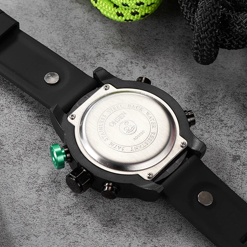 OHSEN Digitálne Pánske Quartz LCD Hodinky Muž Hodiny 50m Plávať Sledovať gumička Módne Bežné Zelené Vojenské Potápanie Muž Náramkové hodinky Darček