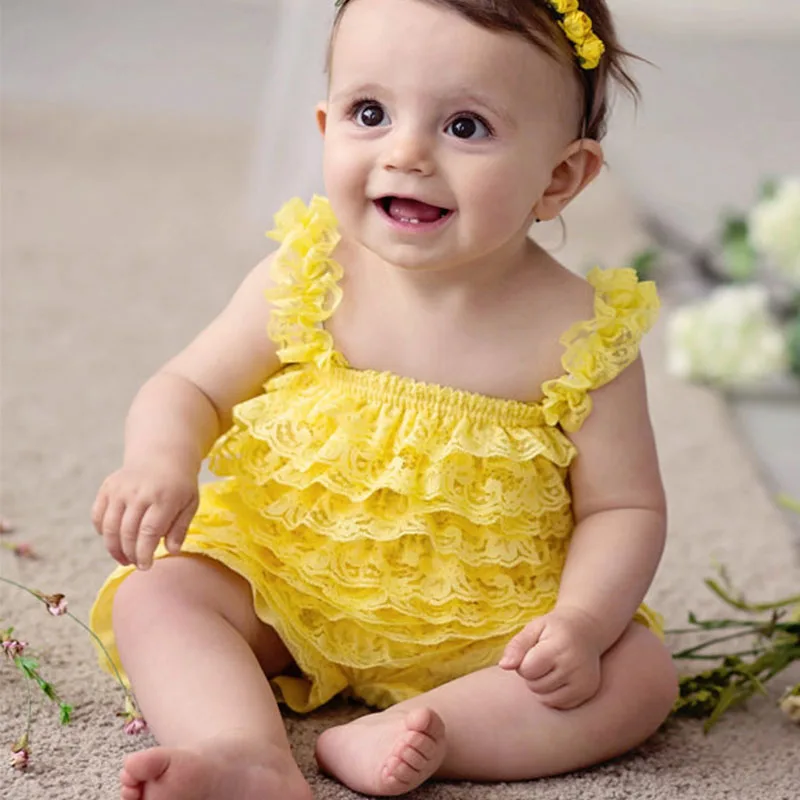 Roztomilý Dievčatá Oblečenie Baby Žltá Čipky Remienky Batoľa Detská Kombinézach Prehrabať Romper Detská Narodeninová Párty Oblečenie