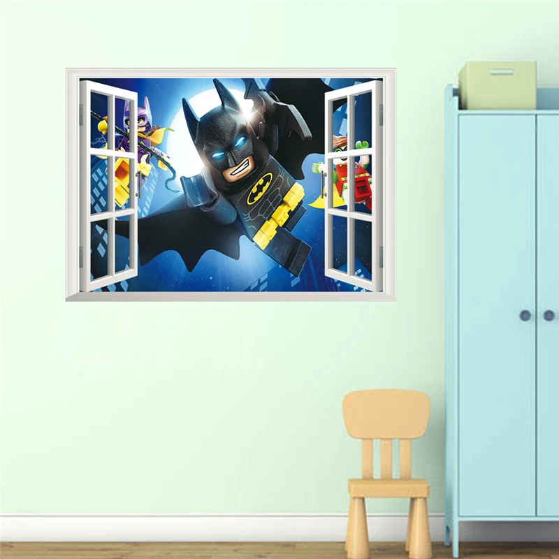 Steny Batman Stenu Nálepka Pre Deti Deti Miestnosti Cartoon Domova Wall Art PVC 3D Efekt False Okno, Stenu, Obtisky Chlapca Darček
