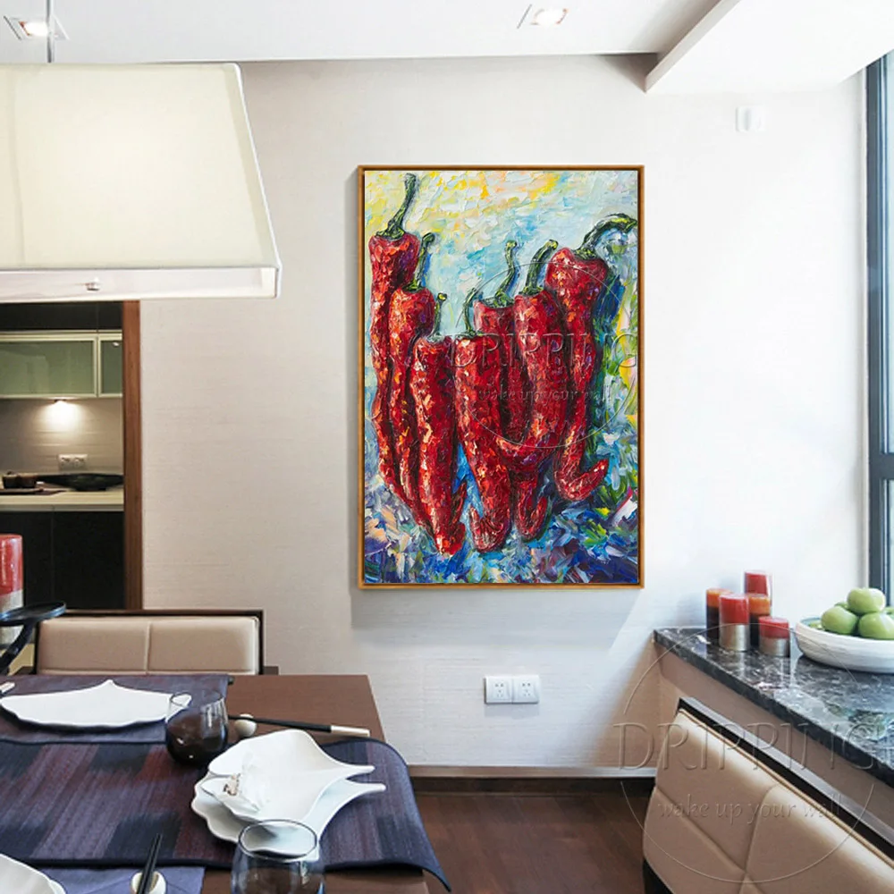 Umelec Ručne maľované Vysokej Kvality zátišia Chili olejomaľba Moderné Abstraktné Červená Chilli olejomaľba na Kuchynské Dekorácie