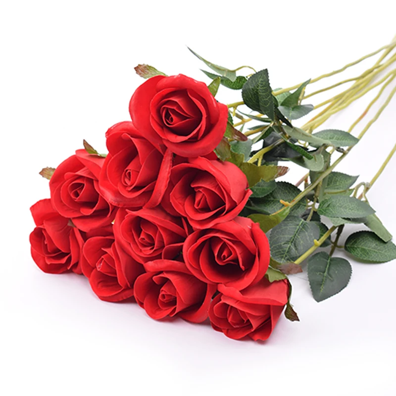 Umelé Ruže Kvet Velvet Red Rose s Zelenej Listovej DIY Bouquetsfor Party, Svadbu, Dovolenku, Dekorácie alebo Valentína Dary
