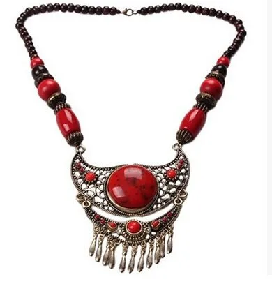 Vintage šperky české etnické kmeňové cigán india perličiek turguoise strapec červený náhrdelník nevesta príslušenstvo/maxi colar/collier femme