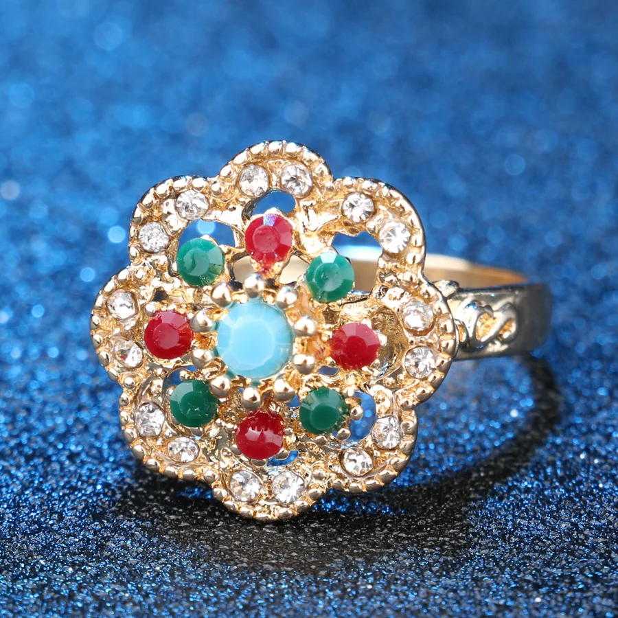 Vysoká Kvalita Ročníka Zlatej Farby, Šperky, Módne Retro Crystal Kvet Prstene Pre Ženy