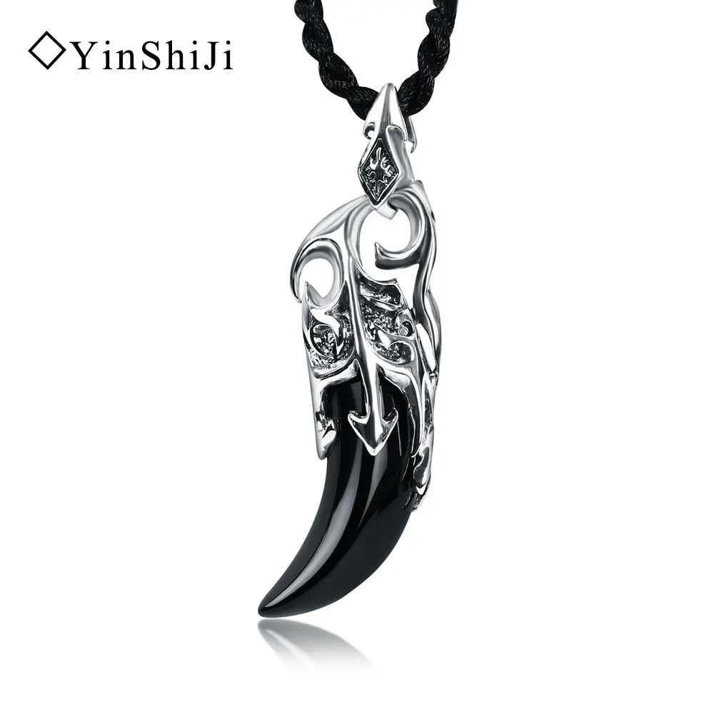YinShiJi Retro 925 Sterling Silver Prívesok Náhrdelník Čierny Kameň Vlk Zub Thai Strieborné Šperky Pre Mužov Cool