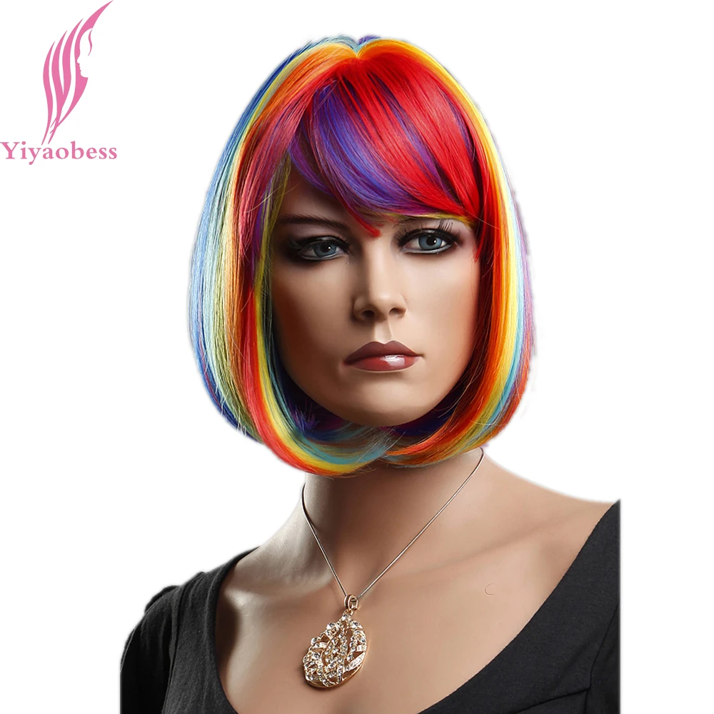 Yiyaobess 12inch Syntetické Vlasy Rainbow Krátke Parochne Pre Ženy Farebné Bob Cosplay Parochňa S Ofinou