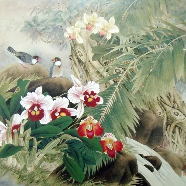 Čínsky štýl, kvet vtákov rockery scenérie plátno potlače olejomaľba tlačené na plátno domov wall art decoration obrázok