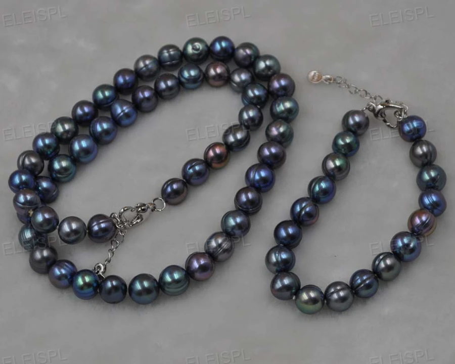 10 mm skutočné sladkovodných kultivovaných black pearl náhrdelník & náramok Nastaviť