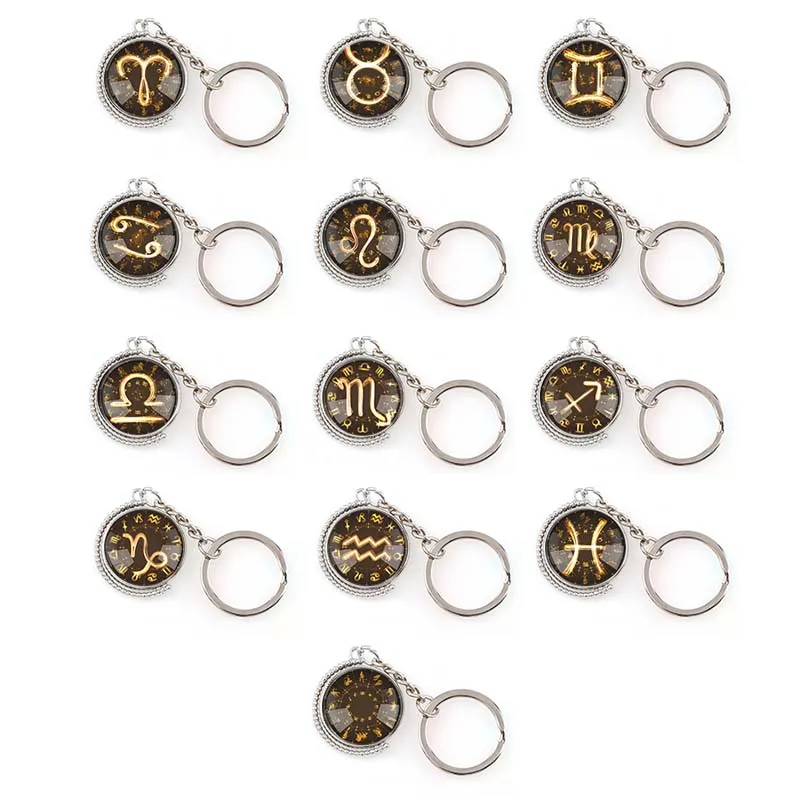 12 Súhvezdí Dvojité Sklo Cabochon Kovu Otočná keychain Prívesok Krúžok na Šperky Môžete Prispôsobiteľné