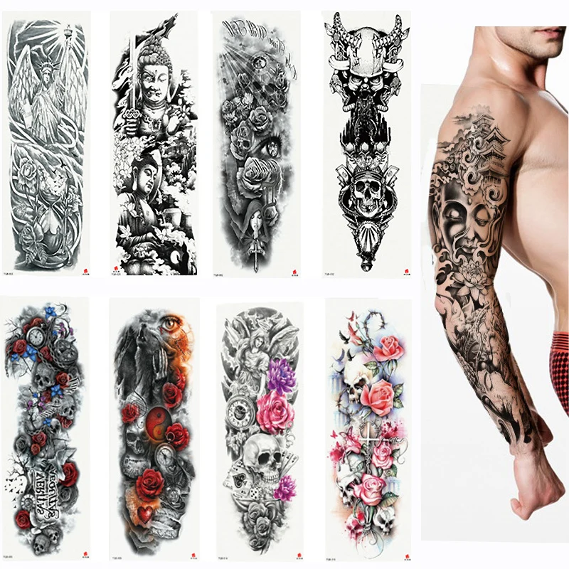 2018 Nové Plný Kvet Arm Tattoo Nálepky Kostry a Ruže Dočasné Telo Farba Vody Prenos Tattoo Rukáv