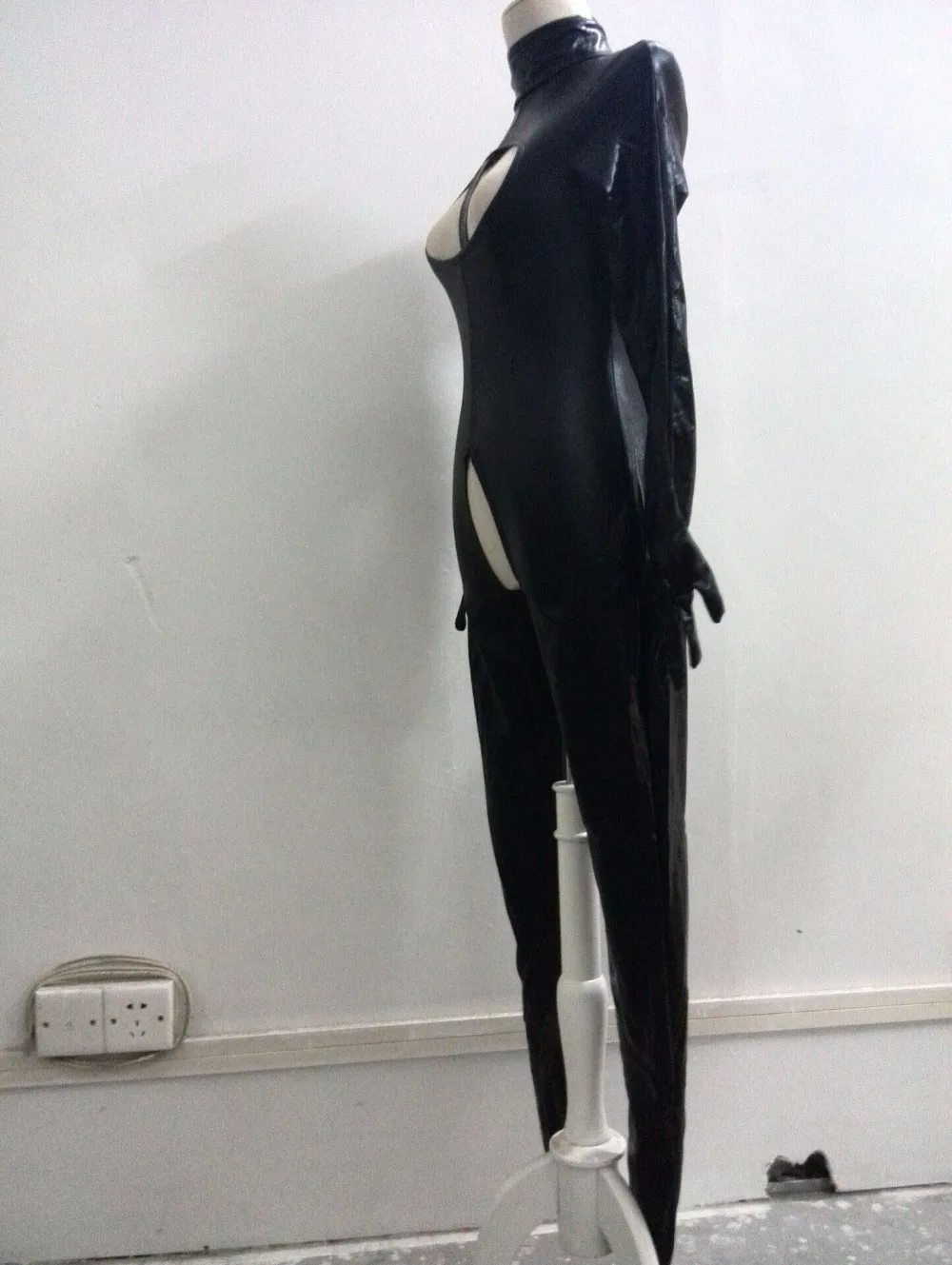 2018 Nové Sexy Catwomen Čierny Catsuit Erotické Otvorené Poprsie Bielizeň Crotchless PVC Jumpsuit Faux Kožené Kostým nočný klub Kombinézu