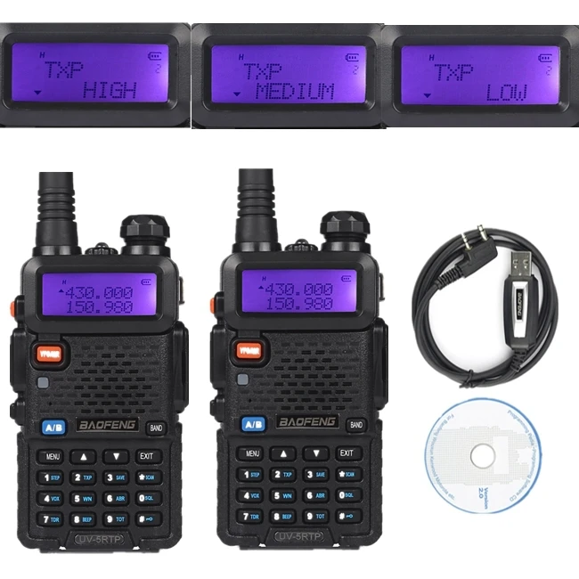 2x Baofeng UV-5RTP VHF/UHF 136-174/400-520MHz FM Vysoký Výkon 1/4/8W obojsmerná Ham Rádio Walkie Talkie s Programovací Kábel a CD