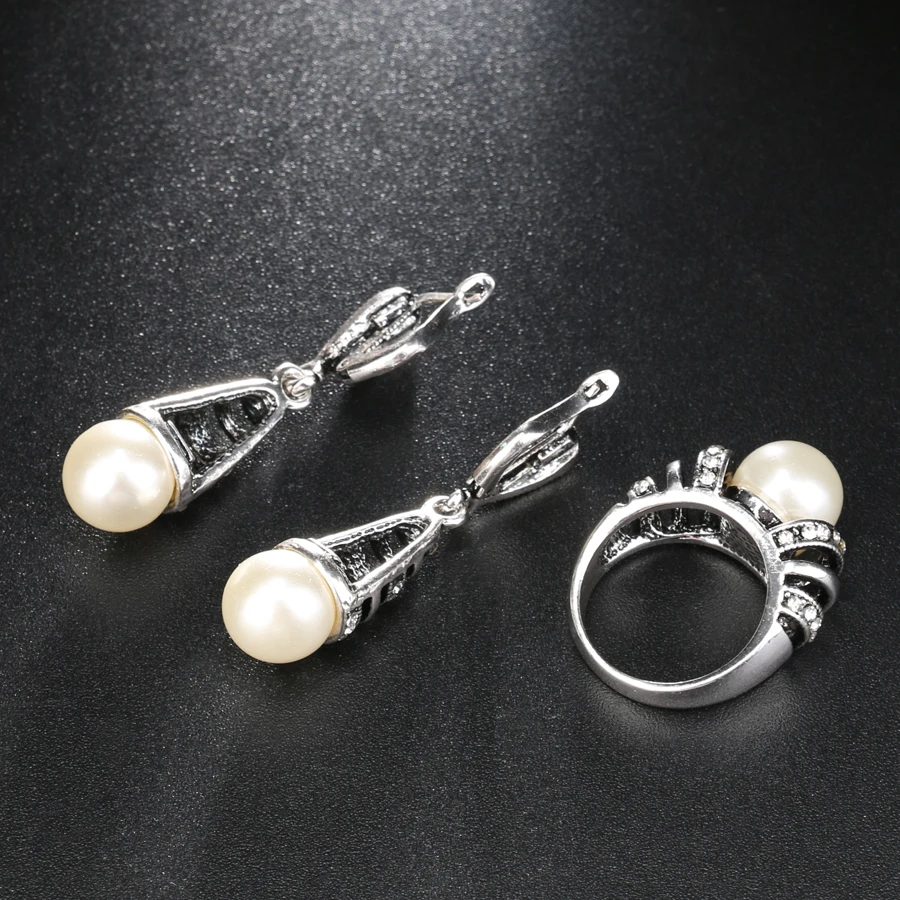 3ks Striebornej Farbe Pearl Šperky Sady Pre Ženy Duté Sa Kvapka Vody Náhrdelníky Náušnice A Prsteň Vintage Svadba Šperky Set