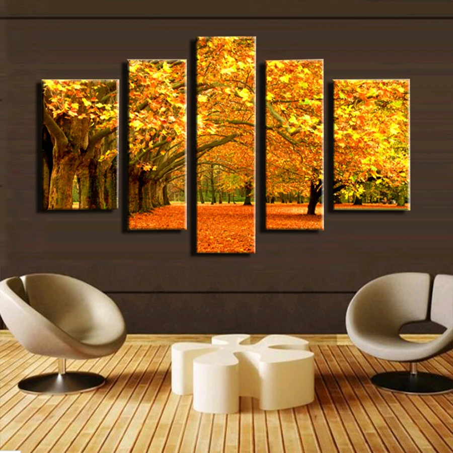 5 Panel Jeseň Zlaté lístie Modulárny obrázky Plátno na Maľovanie na Stenu Umenie Fotografie Domova Obývacia Izba Tlač Maľovanie bez rámu