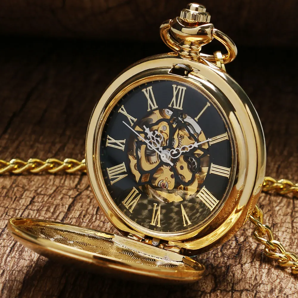 Antický Štýl Luxusné Retro Zlato Mechanické Ručné Navíjanie Vreckové Hodinky Prívesok S Fob Reťazca pre Pánske Dámske Reloj De Bolsillo