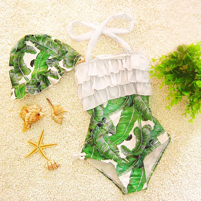Baby Dievčatá Zelené Listy Vzor jednodielne Plavky s Spp Plávať Roztomilý Detský Dieťa Flounced Plavky, plážové oblečenie Tlač plavky