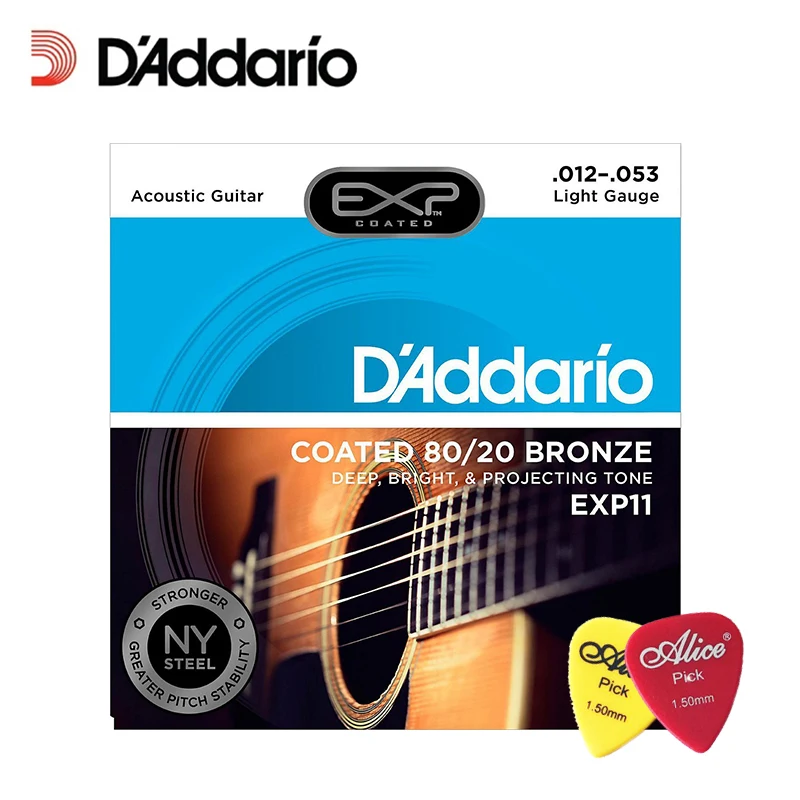 D ' Addario EXP11 s NY Ocele Akustická Gitara, Struny, 80/20, Potiahnuté, Svetlo, 12-53 Daddario Gitarové Struny(S 2ks tipov)
