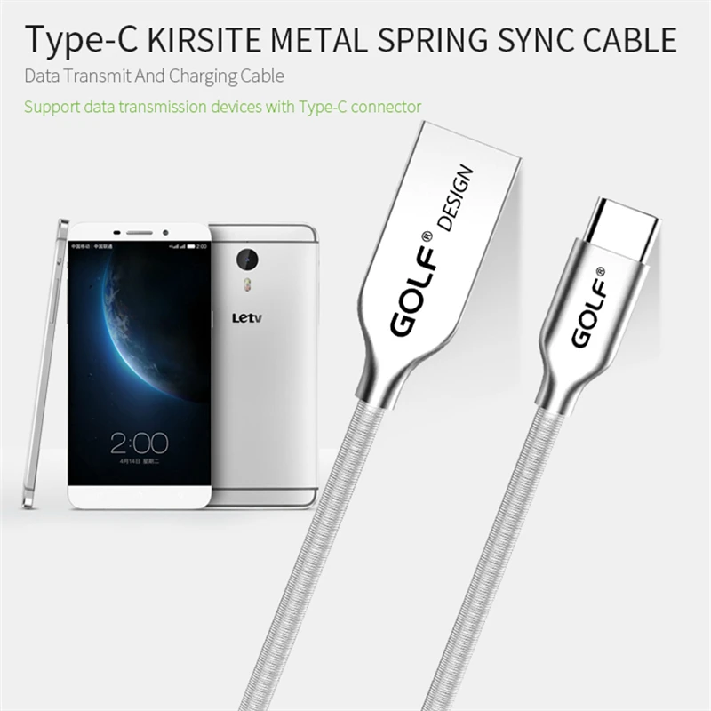 GOLF 1m Kirsite Jar Typ-C, USB Sync Kábel Nabíjačky Pre Huawei P9 Plus P10 Mate 9 česť 8 Note8 Samsung S8 Plus OnePlus